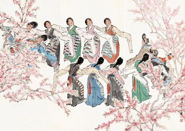 葉淺予高原之春紙本設(shè)色211cm×98cm、211cm×105cm、211cm×98cm1964年